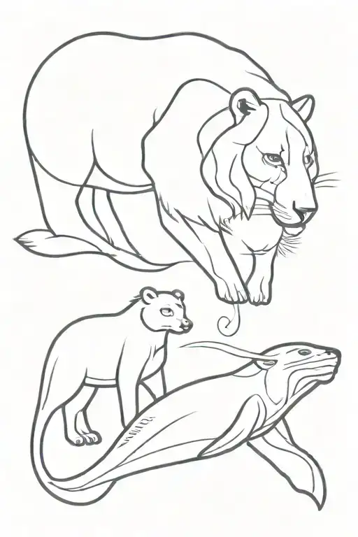 Single Line Drawing Of A Whale A Bear And A Lion