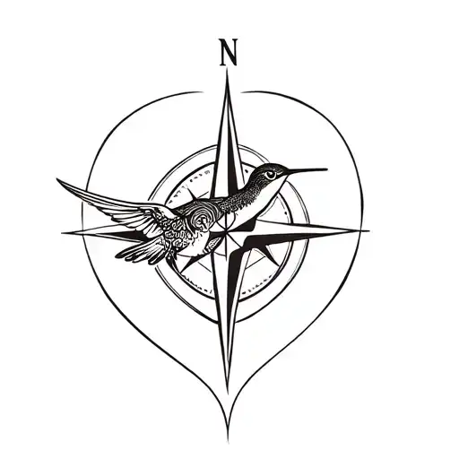 A Hummingbird And A Compass Intertwine Forming A Winged Heart