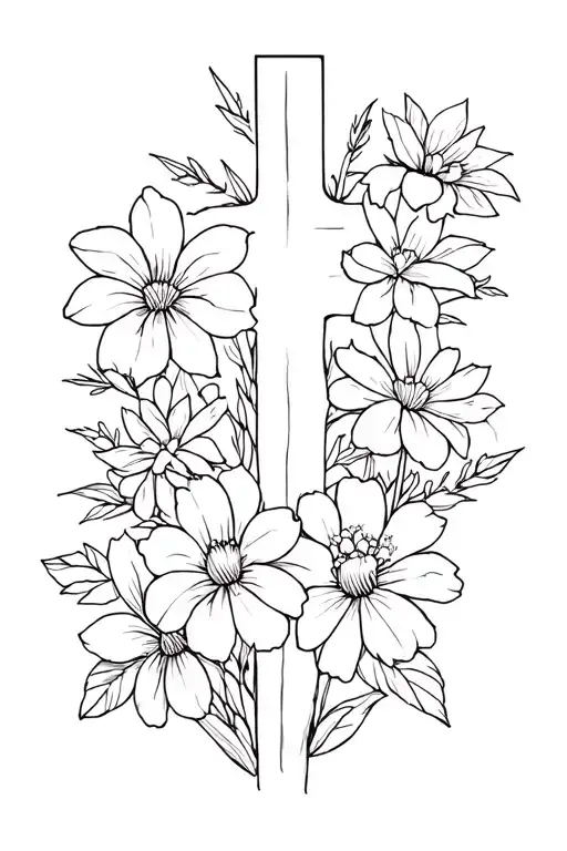 Flowers Wrapped Cross Garden Scene Fine Line Drawing