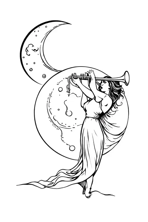 Lady Playing The Trumpet While Stirring On The Moon