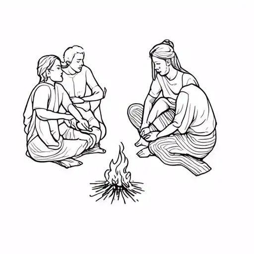 A Group Of People Sitting Around A Campfire