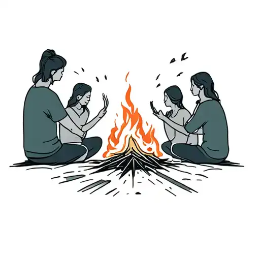 A Group Of People Sitting Around A Campfire
