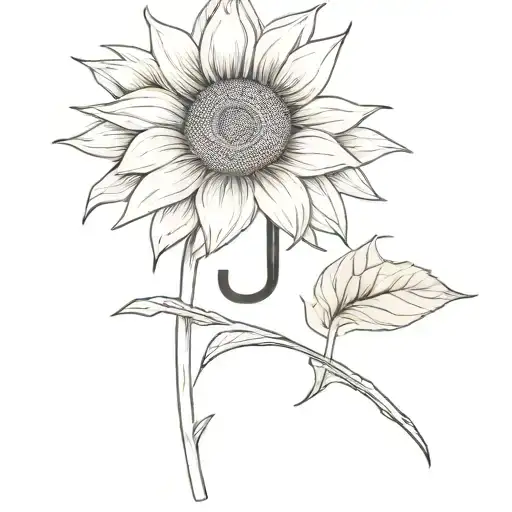 A Tattoo Depicting A Sunflower Where The Stem Itself Is The Letter J
