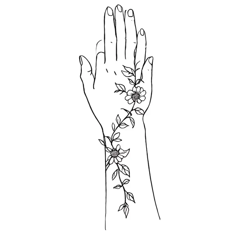 Fine Line Tattoo Wild Flower Vine Around Wrist And On To Back Of Hand