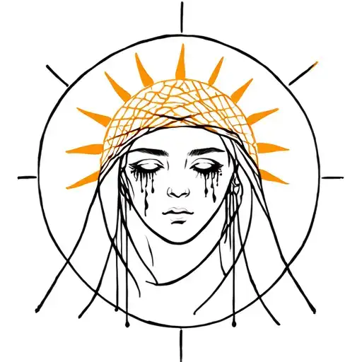 Witchy Women With Sun Around Head And Wearing A Veil And Tears Coming Out Of Eyes