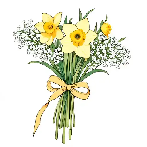 Daffodil And Babies Breath Bouquet Tied With A Thin Ribbon