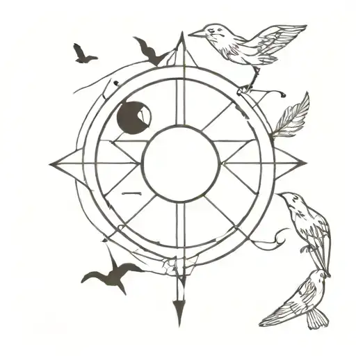 Number 14 In Compass With Yin Yang And Birds