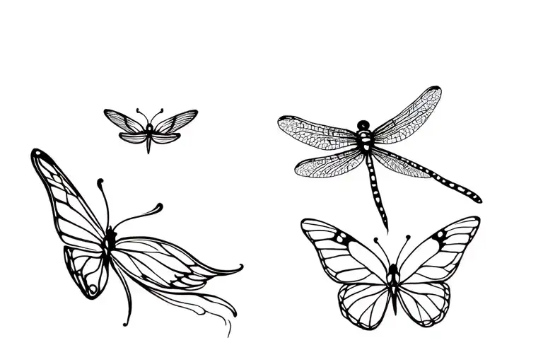 Three Butterflies And A Dragonfly