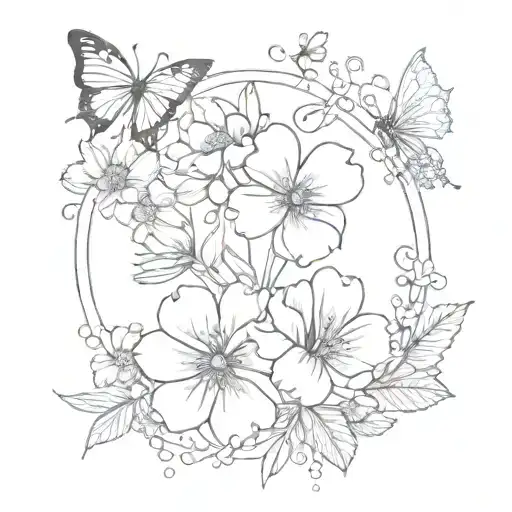Flowers Bouquet And Butterflies Surrounding
