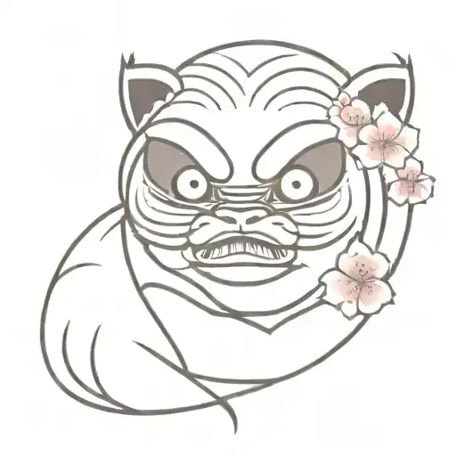 Daruma With 2 Sakura Flower In Bottom And Fox Mask Top Right