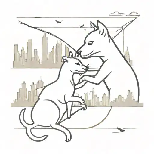 A Minimalist Tattoo Of A Cat And Dog Playing Together In Front Of The New York City Skyline