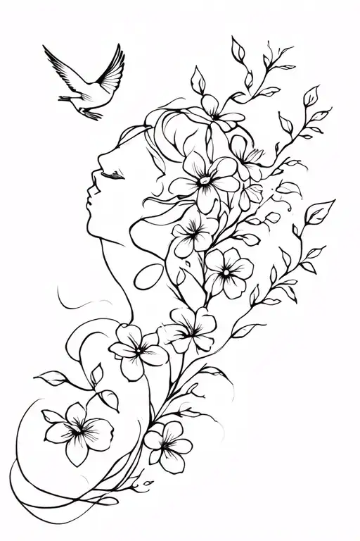 Feminine With Flowers Booming And Birds Flying Up
