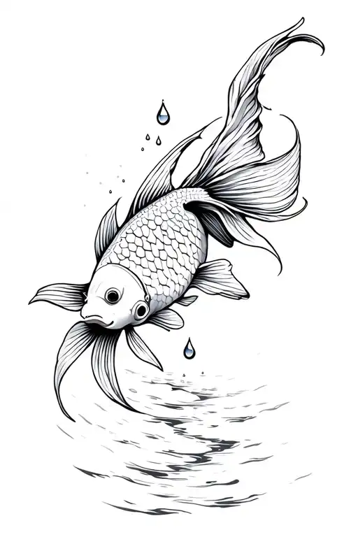 Koi Fish Swimming Upstream With Water Drop And Lines Around In Black And Grey Realism