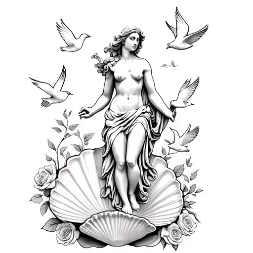 Statue Of Greek Goddess Aphrodite Coming Out Of Seashell Surrounded By Roses And Doves
