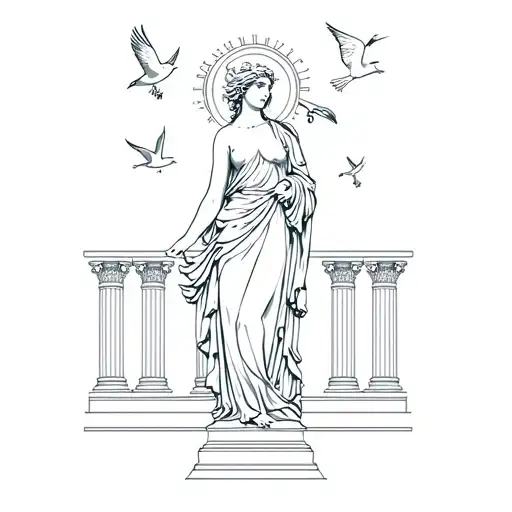 Statue Of Greek Goddess Aphrodite Standing And Surrounded My Collumns And Birds
