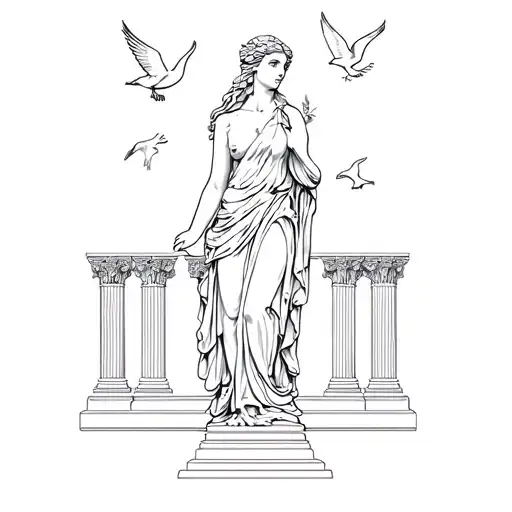 Statue Of Greek Goddess Aphrodite Standing And Surrounded My Collumns And Birds