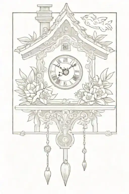 Bavarian Cuckoo Clock With Edelweiss Surrounding And Chimney Roof With Long Weights On Bottom