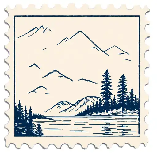Square Postal Stamp With A Norwegian Fjord Landscape With Pine Trees