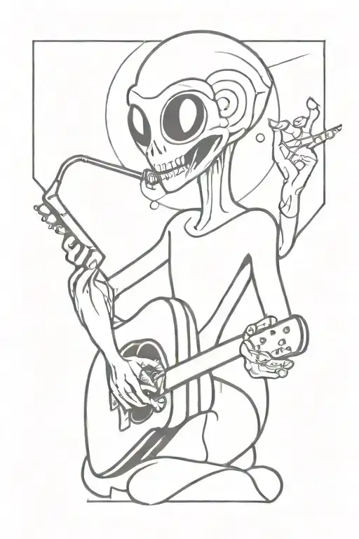 An Alien Smoking Joint And Playing Guitar With Headphone