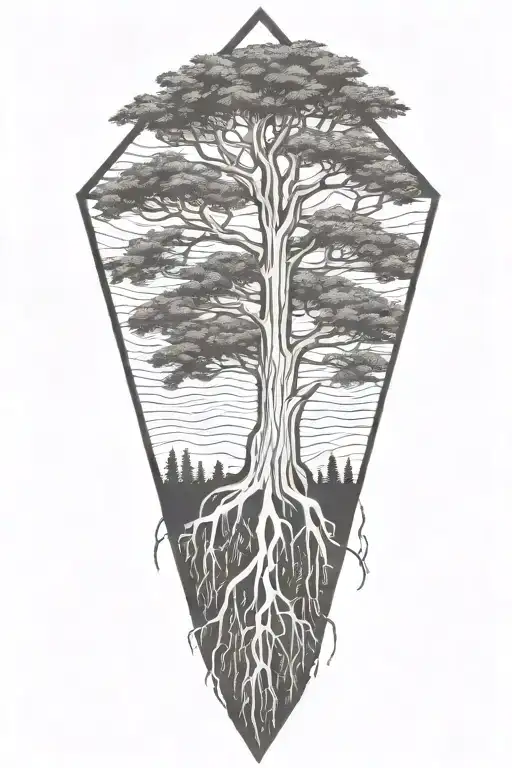 Bald Cypress With Roots Inside Diamond Shaped Line Outlining