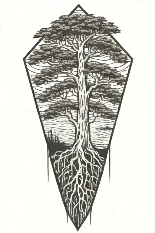 Bald Cypress With Roots In Water Inside Diamond Shaped Line Outlining