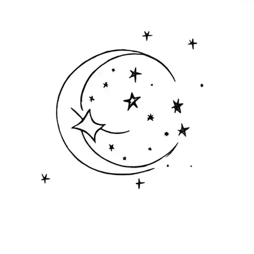 Very Simple Moon And Stars Fine Line Tattoo Design