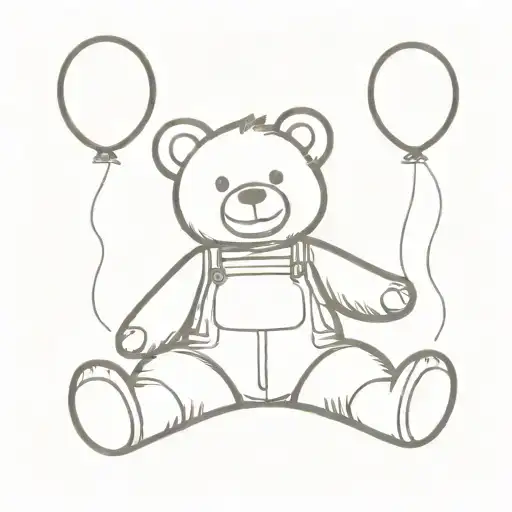 Sitting Teddy Bear Wearing Overalls Holding Two Balloons