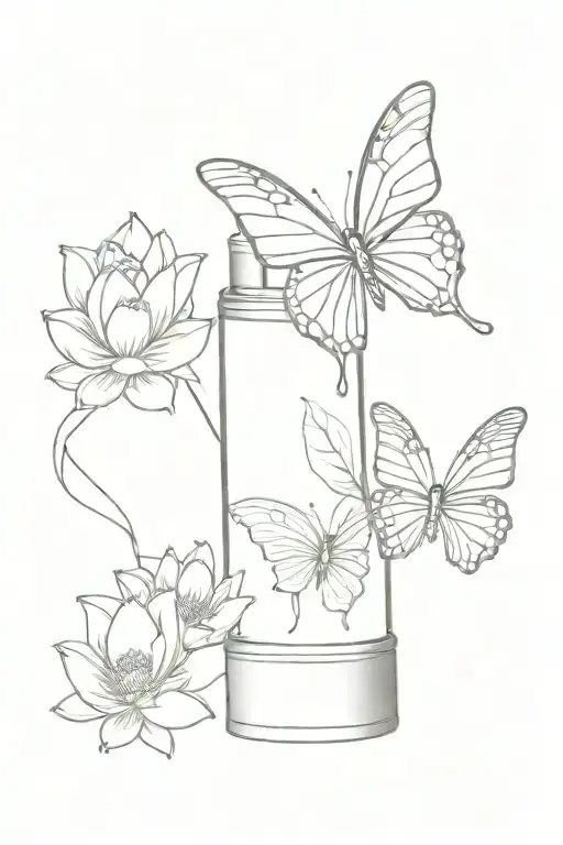 Butterfly Sitting On Lipstick Tube With Lotus Flowers And Make Up Bottle