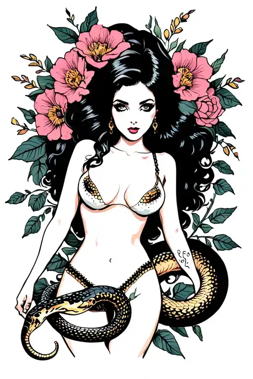 Thigh Tattoo With A Pin Up Girl With A Snake With Flowers
