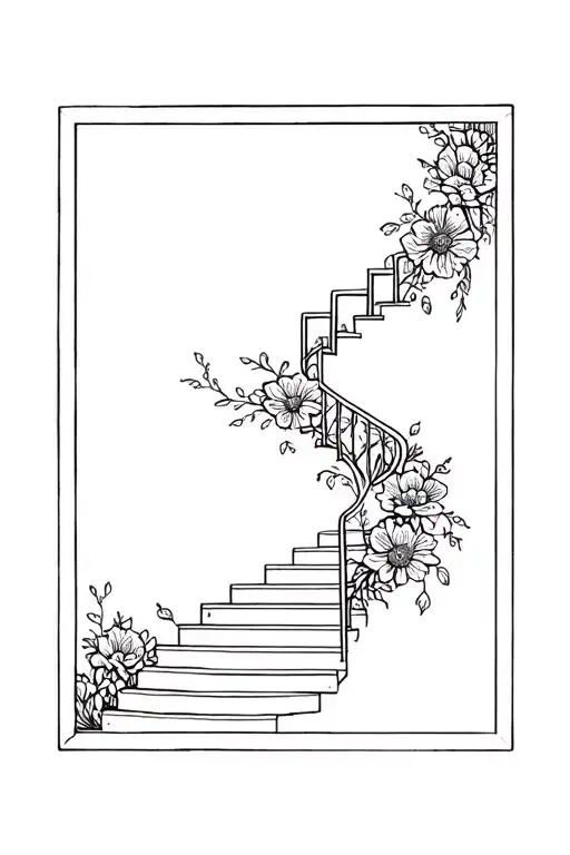 Staircase Leading To Heaven In A Square Shape With Flowers In An Ignorant Tattoo Style