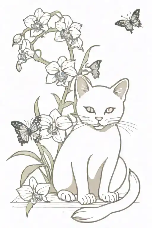White Kitten Sits Sniffing Orchid And Butterflies Fly Around