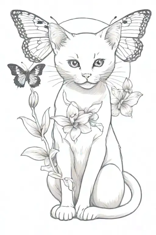 White Kitten Sits Sniffing Orchid And Butterflies Fly Around