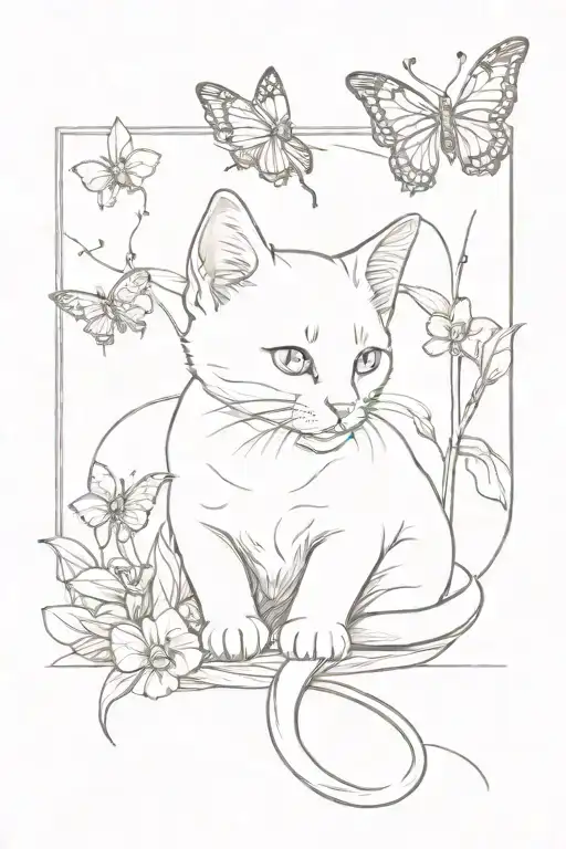 White Kitten Sits Sniffing Orchid And Butterflies Fly Around