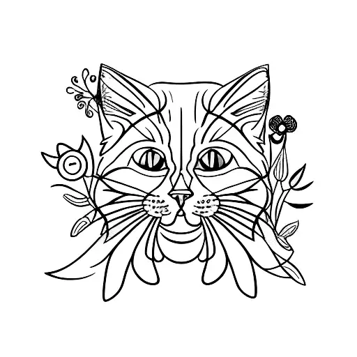 A Minimalist Tattoo Of A Cat Surrounded By Flowers And A Moon In The Background