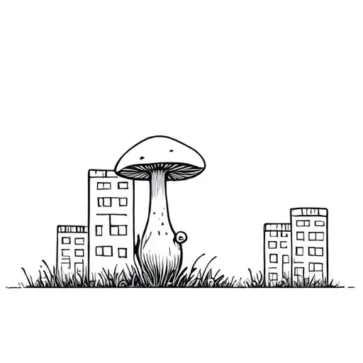 Minimalist Sketch Of A Mushroom Growing Out Of Buildings