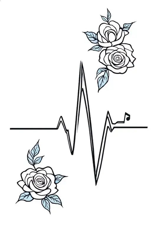 Heartbeat Line With Music Notes And Roses