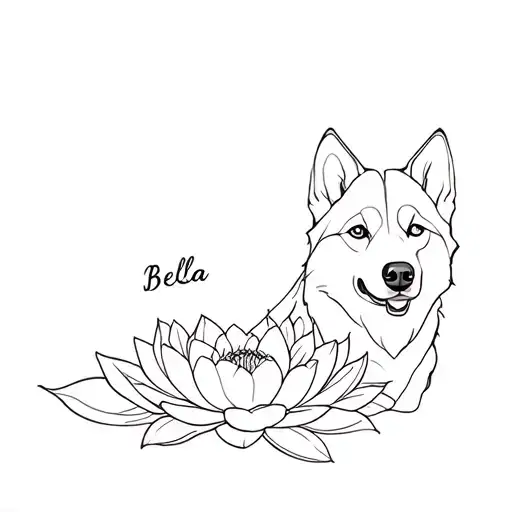 Husky Dog With Name Bella And Lotus Flower Blooming