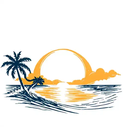 A Sunset On The Beach With Palm Trees And Waves