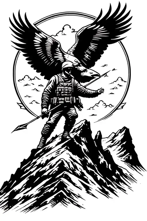 A Soldier Silhouette Standing On A Mountain Peak With An Eagle Flying Overhead And An Arrow In Hand