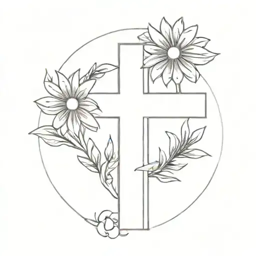 Small Simple Cross With Aster Flowers Going Around The Cross