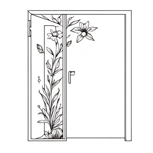 Half Open Door With Flower And Plant Growing Inside
