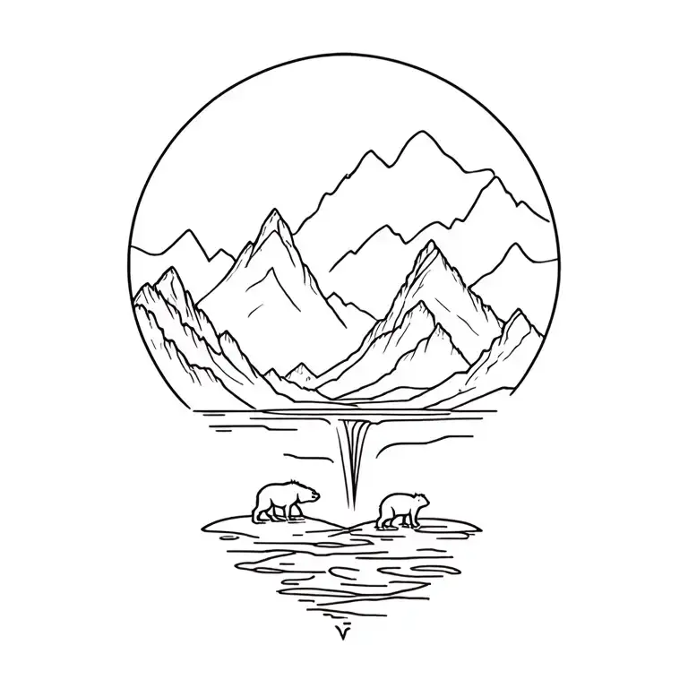 A Mysterious Island With A Waterfall Surrounded By Towering Mountains With Bears Eating