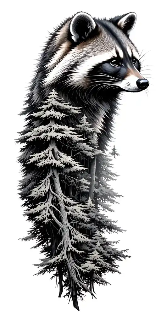 Massive Forest Landscape With Raccoon Face Side Profile Emerging From The Top