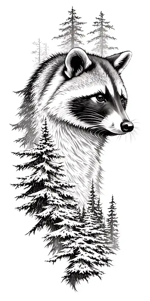 Full Forest Landscape With Raccoon Side Profile Emerging From The Top