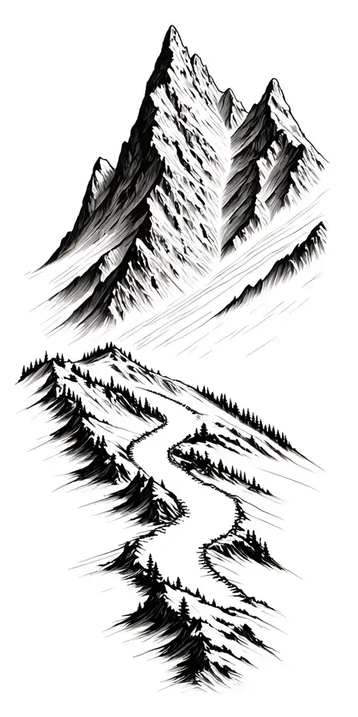 Mountain Range With A Winding Hiking Trail Winding Through A Mountain