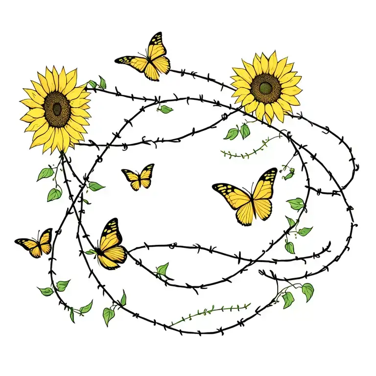 Barbwire Intertwined With Vines Wirh Sunflowers And Butterflies
