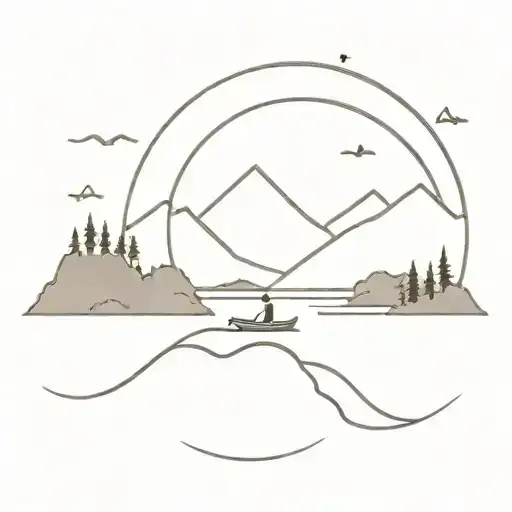 Lake And Rowing Boat And Mountain And Forest And Sun