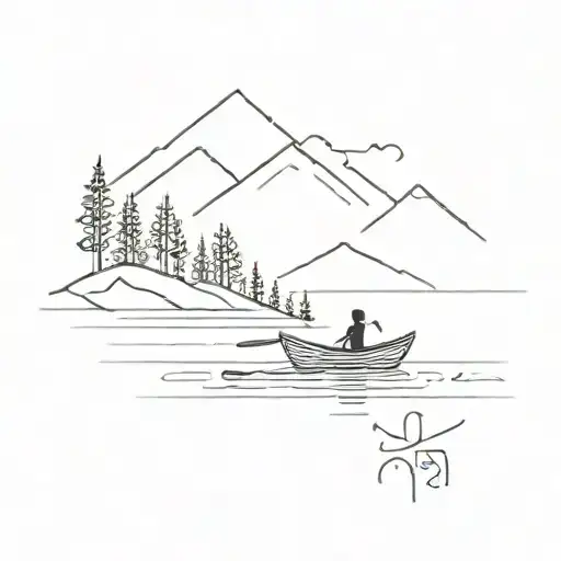 Lake And Rowing Boat With Woman And Mountain And Forest And Sun