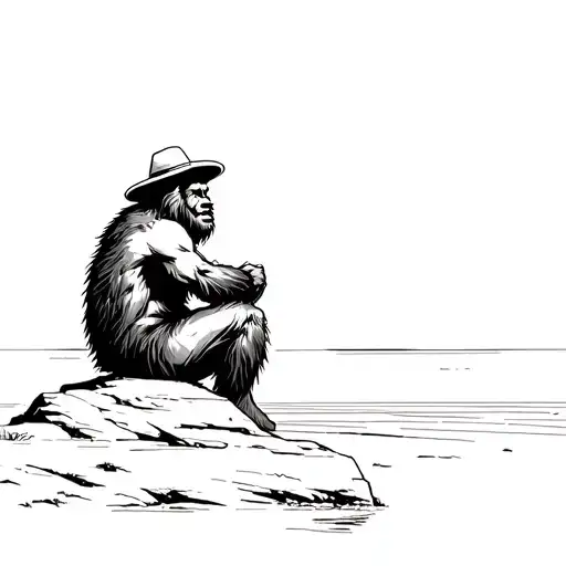 Sassy The Sasquatch With His Hat On A Rock Sat Down Watching Sundet