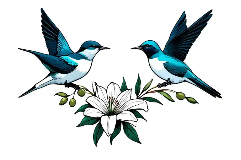 Two Swallows Each Holding Lily Flower And Olive Branch